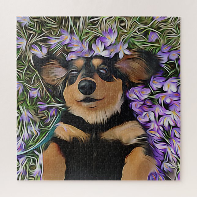 Dackel in violetten Blumen (Vertikal)