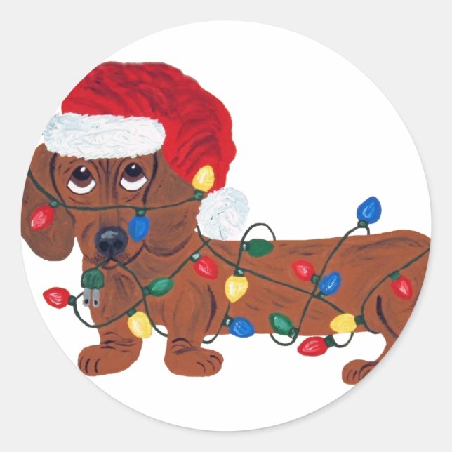 Dackel in Weihnachtsbeleuchtung getanzt (rot) Runder Aufkleber (Vorderseite)