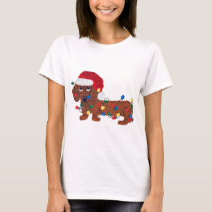 Dackel in Weihnachtslichter verheddert T-Shirt