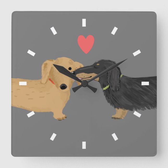 Dackel Kiss mit Herz | Dackel Hunde Liebe Quadratische Wanduhr (Vorderseite)