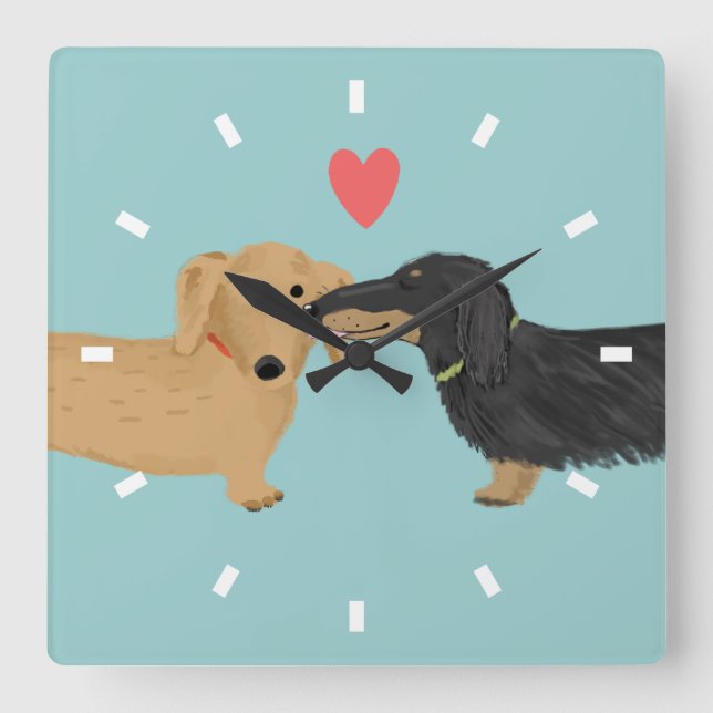 Dackel Kiss mit Herz | Dackel Hunde Liebe Quadratische Wanduhr (Vorderseite)