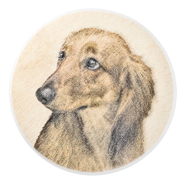 Dackel (langhaarige Malerei) - Originale Hundekuns Keramikknauf (Vorderseite)