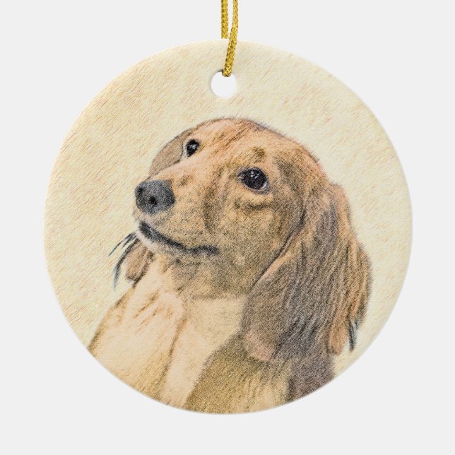 Dackel (langhaarige Malerei) - Originale Hundekuns Keramikornament (Vorne)