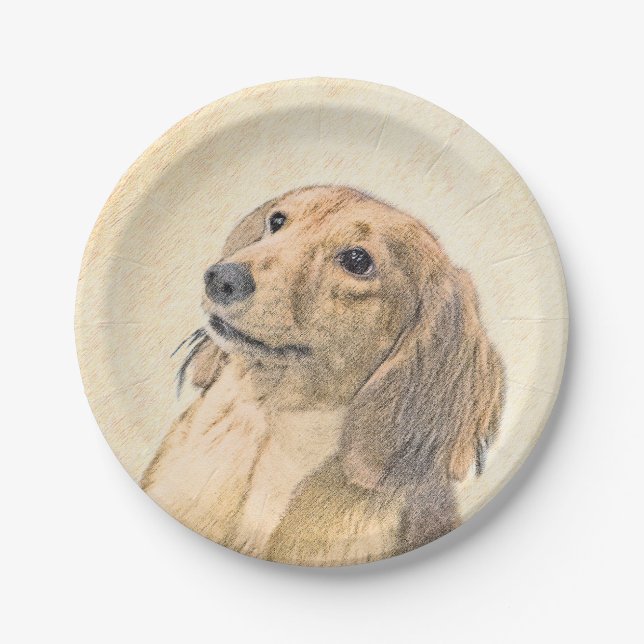 Dackel (langhaarige Malerei) - Originale Hundekuns Pappteller (Vorderseite)