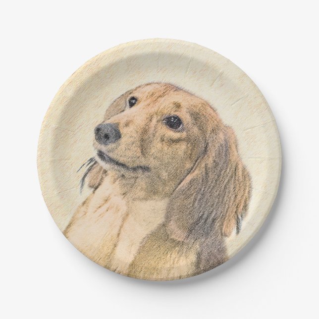 Dackel (langhaarige Malerei) - Originale Hundekuns Pappteller (Vorderseite)