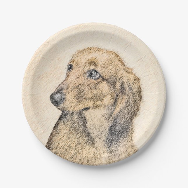 Dackel (langhaarige Malerei) - Originale Hundekuns Pappteller (Vorderseite)