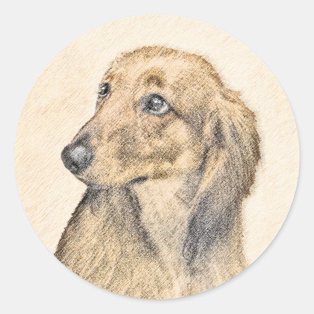 Dackel (langhaarige Malerei) - Originale Hundekuns Runder Aufkleber (Vorderseite)