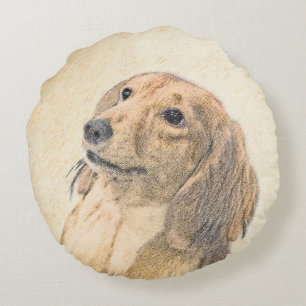 Dackel (langhaarige Malerei) - Originale Hundekuns Rundes Kissen
