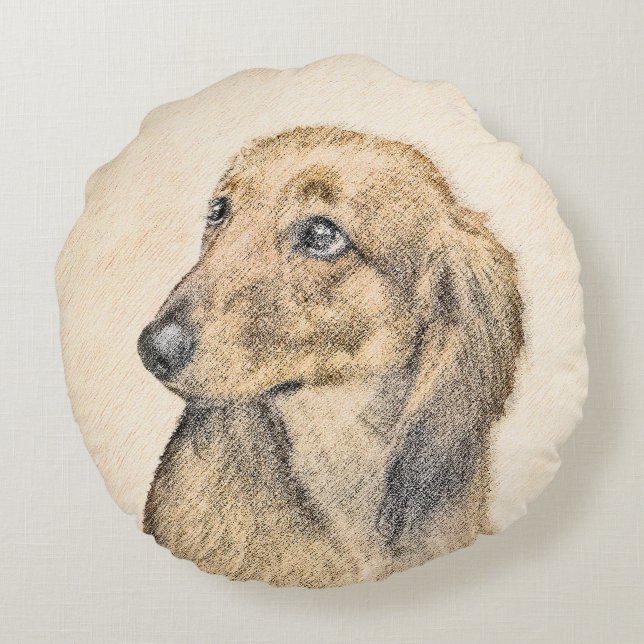 Dackel (langhaarige Malerei) - Originale Hundekuns Rundes Kissen (Rückseite)