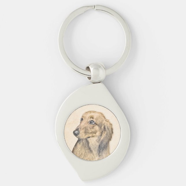 Dackel (langhaarige Malerei) - Originale Hundekuns Schlüsselanhänger (Vorderseite)