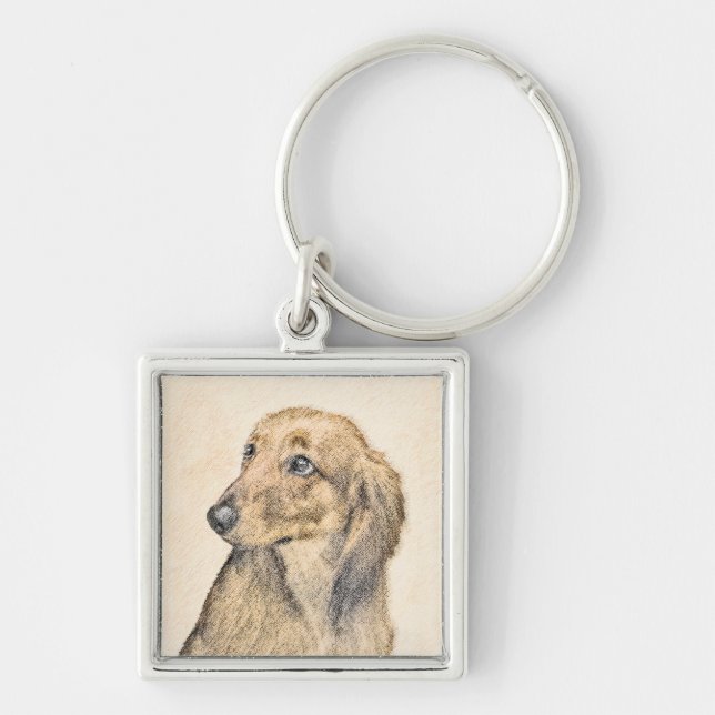 Dackel (langhaarige Malerei) - Originale Hundekuns Schlüsselanhänger (Vorne)