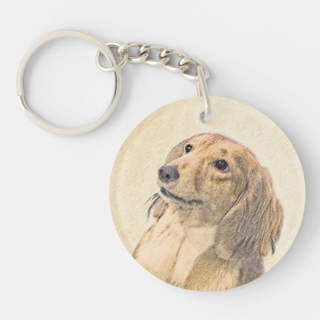 Dackel (langhaarige Malerei) - Originale Hundekuns Schlüsselanhänger (Vorderseite)