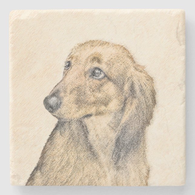 Dackel (langhaarige Malerei) - Originale Hundekuns Steinuntersetzer (Vorderseite)