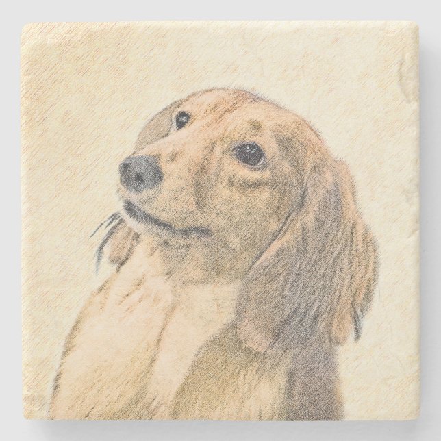 Dackel (langhaarige Malerei) - Originale Hundekuns Steinuntersetzer (Vorderseite)
