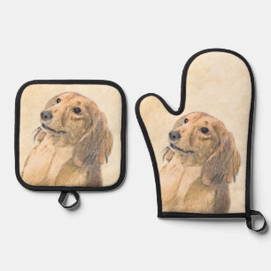 Dackel Langhaariges Rotes Gemälde Original Hundkun Ofenhandschuh & Topflappen-Set