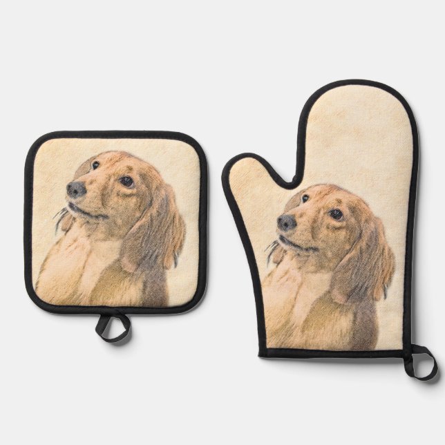 Dackel Langhaariges Rotes Gemälde Original Hundkun Ofenhandschuh & Topflappen-Set (Vorderseite)