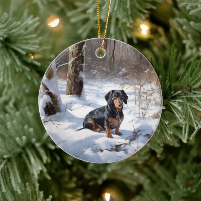Dackel lässt es Weihnachten schneien Keramik Ornament (Baum)