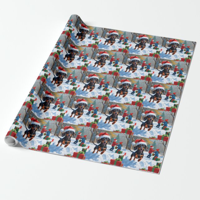 Dackel läuft im Schnee mit Weihnachtshut Geschenkpapier (Ungerollt)