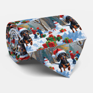 Dackel läuft im Schnee mit Weihnachtsmütze Krawatte