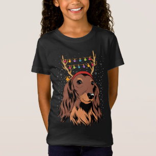 Dackel Long Hair Rentier Weihnachtsbaumleuchten T-Shirt
