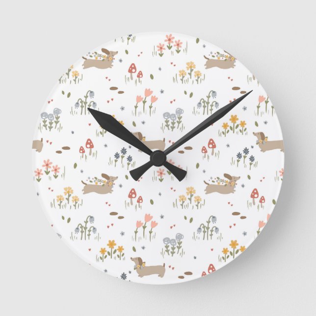 Dackel Lover Weiner Hunde Wurst Hunde Wildblume Runde Wanduhr (Vorderseite)