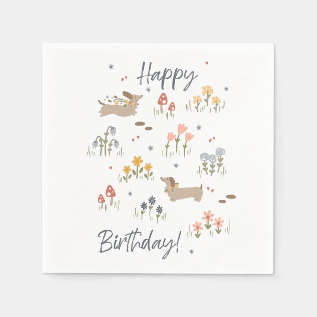 Dackel Lovers Happy Birthday Floral Party Serviette (Vorderseite)