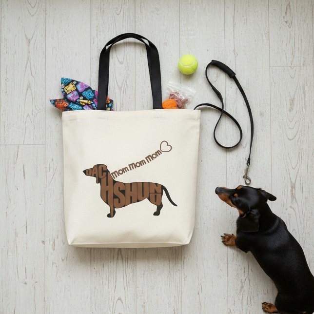 Dackel Mama - Dackel Schwarz/Weiß - Leine am Herze Tragetasche (Original Dachshund Word Art tote for your favorite Doxie mom.)