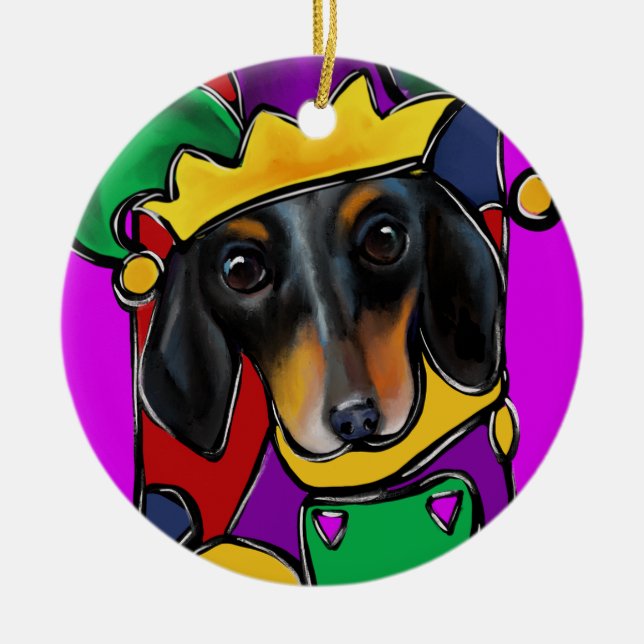 DACKEL MARDI GRAS KERAMIK ORNAMENT (Vorne)