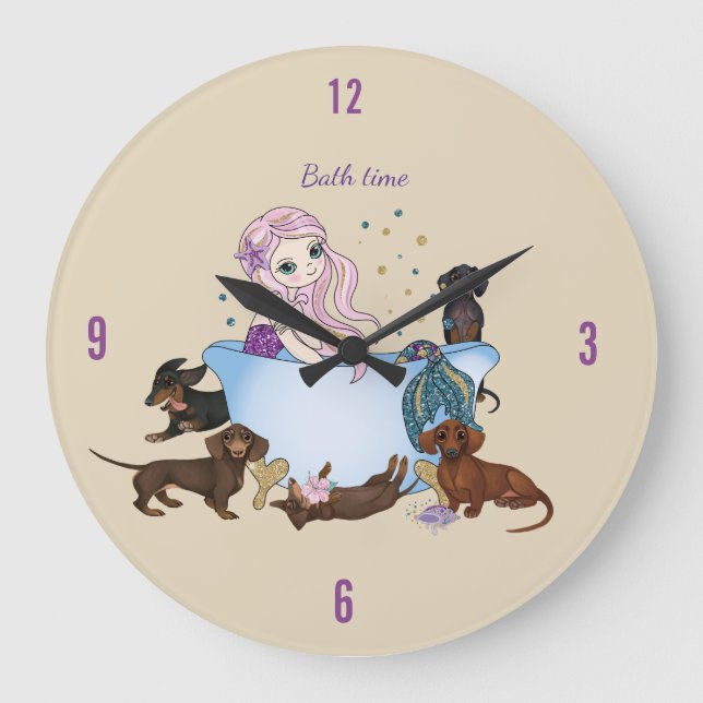 Dackel Mermaid Bath Time Wall Clock Große Wanduhr (Vorderseite)