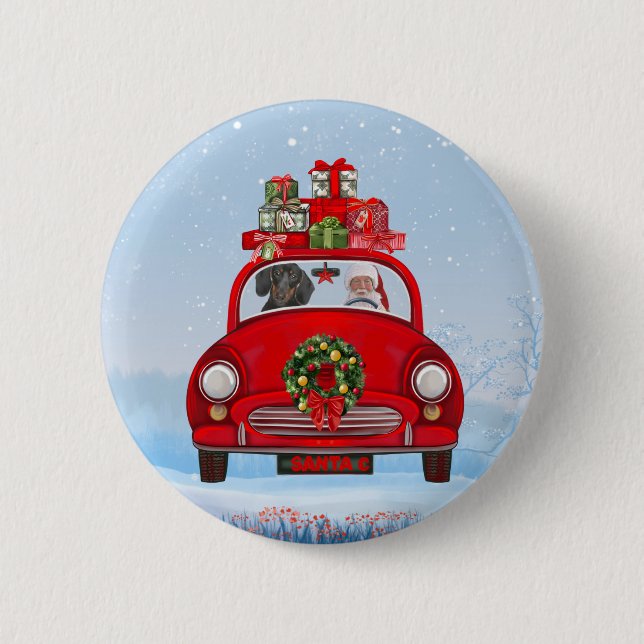 Dackel mit dem Weihnachtsmann im Auto Button (Vorderseite)