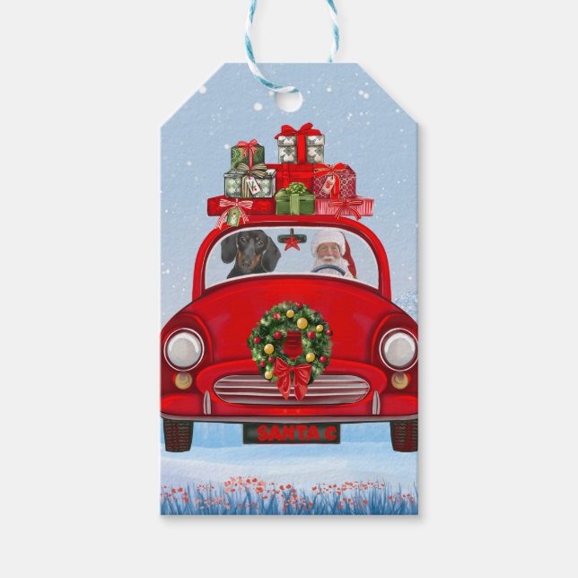 Dackel mit dem Weihnachtsmann im Auto Geschenkanhänger (Vorderseite)