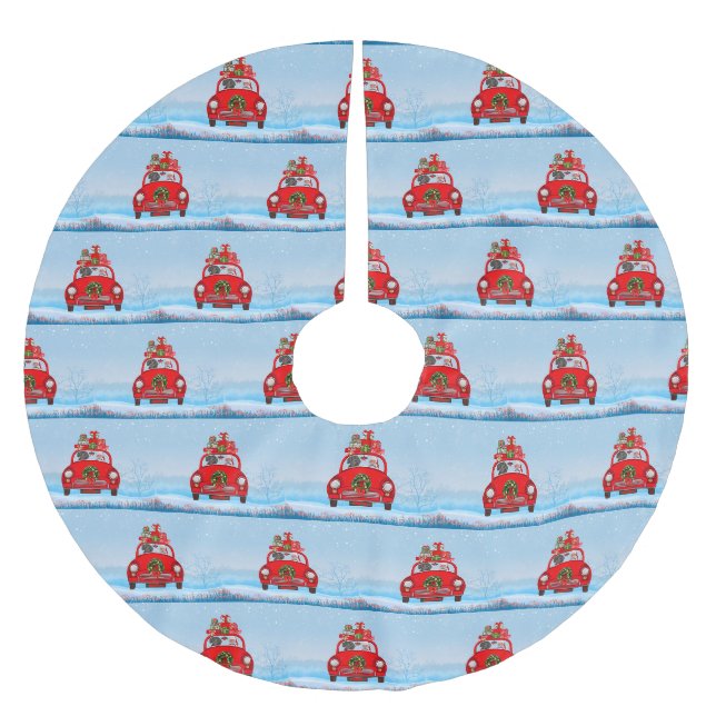 Dackel mit dem Weihnachtsmann im Auto Polyester Weihnachtsbaumdecke (Vorderseite)