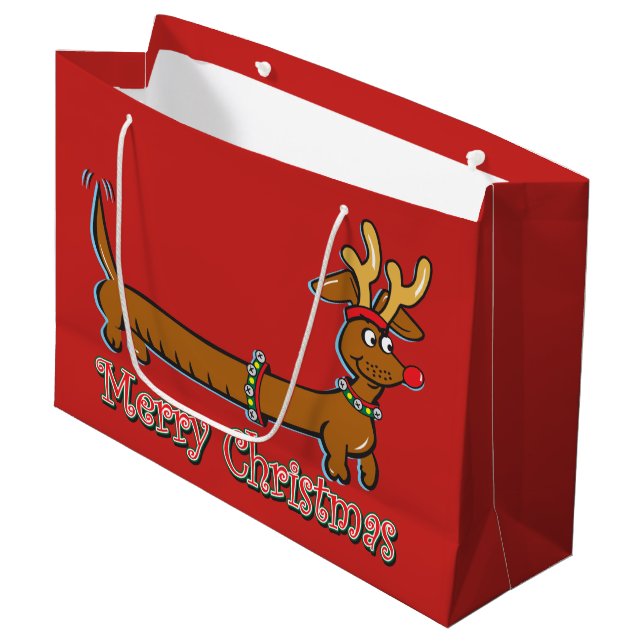 Dackel mit den Ren-Geweihen für Weihnachten Große Geschenktüte (Vorderseite Schrägansicht)