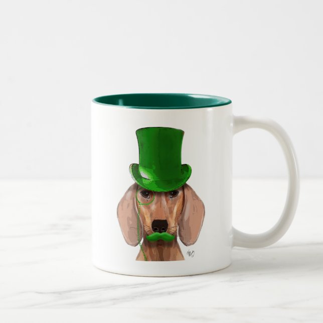 Dackel mit grünem Top-Hut und Mustache Zweifarbige Tasse (Rechts)