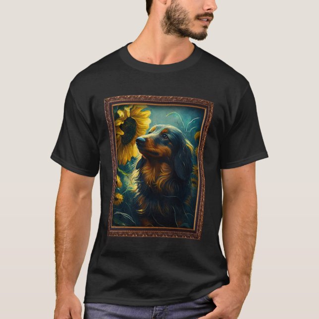 Dackel mit langhaariger Dackel Malerei Sonnenblume T-Shirt (Vorderseite)
