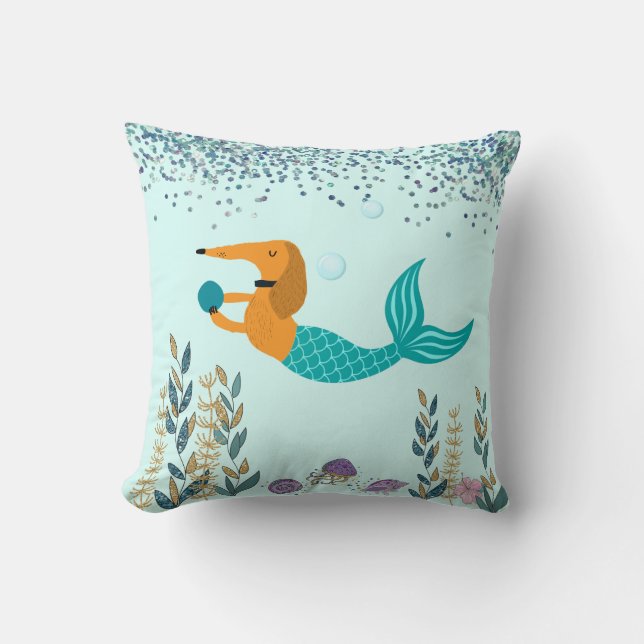 Dackel mit Mermaid Schwanz Throw Kissen (Vorderseite)