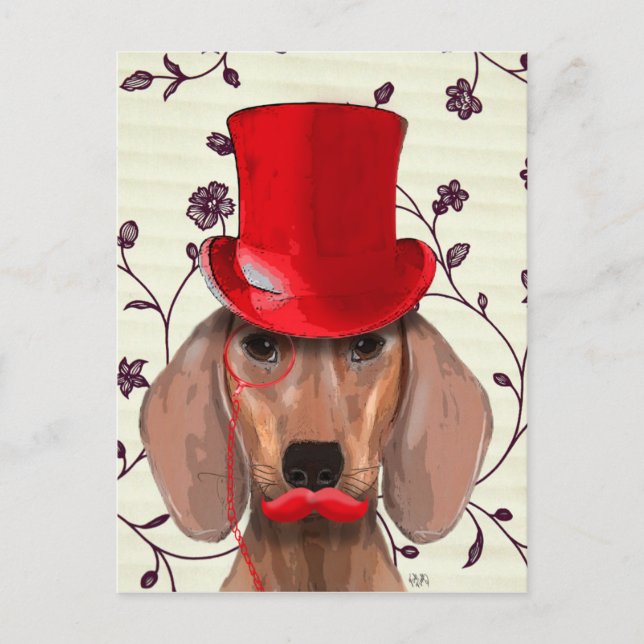 Dackel mit Red Top Hat Postkarte (Vorderseite)