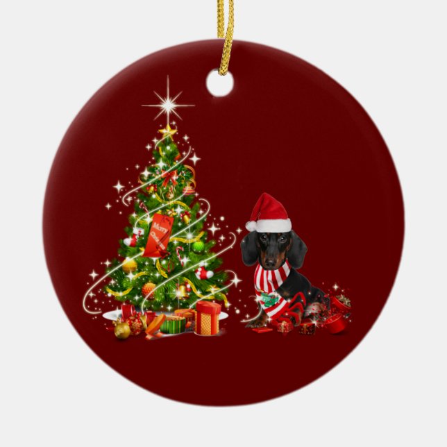 Dackel mit Weihnachten Keramik Ornament (Vorne)