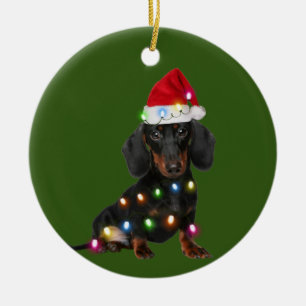 Dackel mit Weihnachts-Scafting-Weihnachtsmannmütze Keramik Ornament