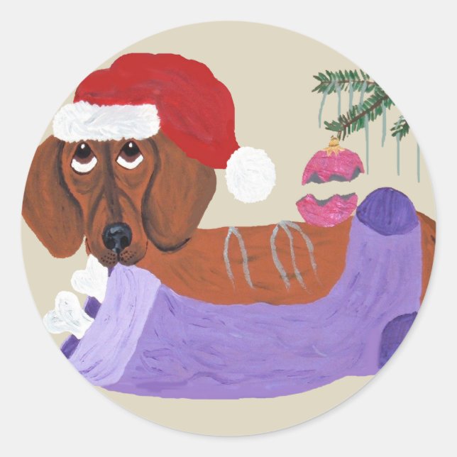 Dackel mit Weihnachts-Strumpf Runder Aufkleber (Vorderseite)