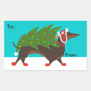 Dackel mit Weihnachtsbaum-Geschenksticker Lable Rechteckiger Aufkleber