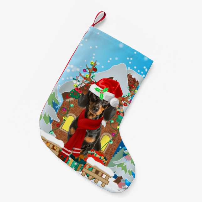 Dackel mit Weihnachtsgeschenke Kleiner Weihnachtsstrumpf (Vorderansicht (hängend))