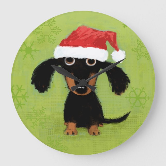 Dackel mit Weihnachtsmannmütze | Dackel Dog Weihna Große Wanduhr (Vorderseite)
