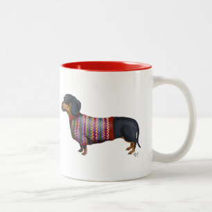 Dackel mit wolliger Strickjacke Zweifarbige Tasse