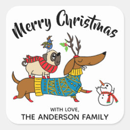 Dackel, Mops und Weihnachtslabel Quadratischer Aufkleber