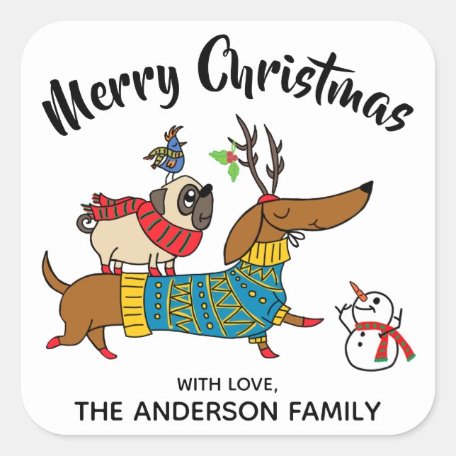 Dackel, Mops und Weihnachtslabel Quadratischer Aufkleber (Vorderseite)