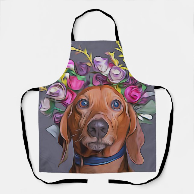 Dackel Naher Anstieg der Dackel mit Blume Schürze (Vorderseite)
