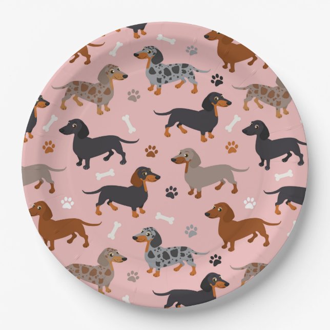 Dackel-Paare und Knochenmuster Pink Pappteller (Vorderseite)