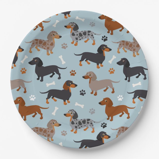 Dackel Paws und Knochen Muster Blau Pappteller (Vorderseite)