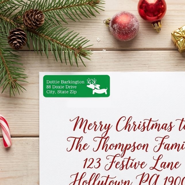 Dackel Reindeer Green Christmas Address Labels (Green wiener dog reindeer dachshund return address label for Christmas and the fall season)